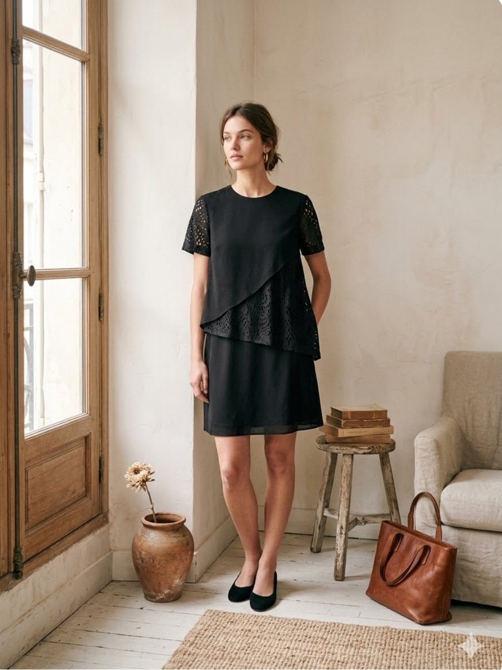 Robert Rodriguez black short sleeve layered cocktail dress silk size 8